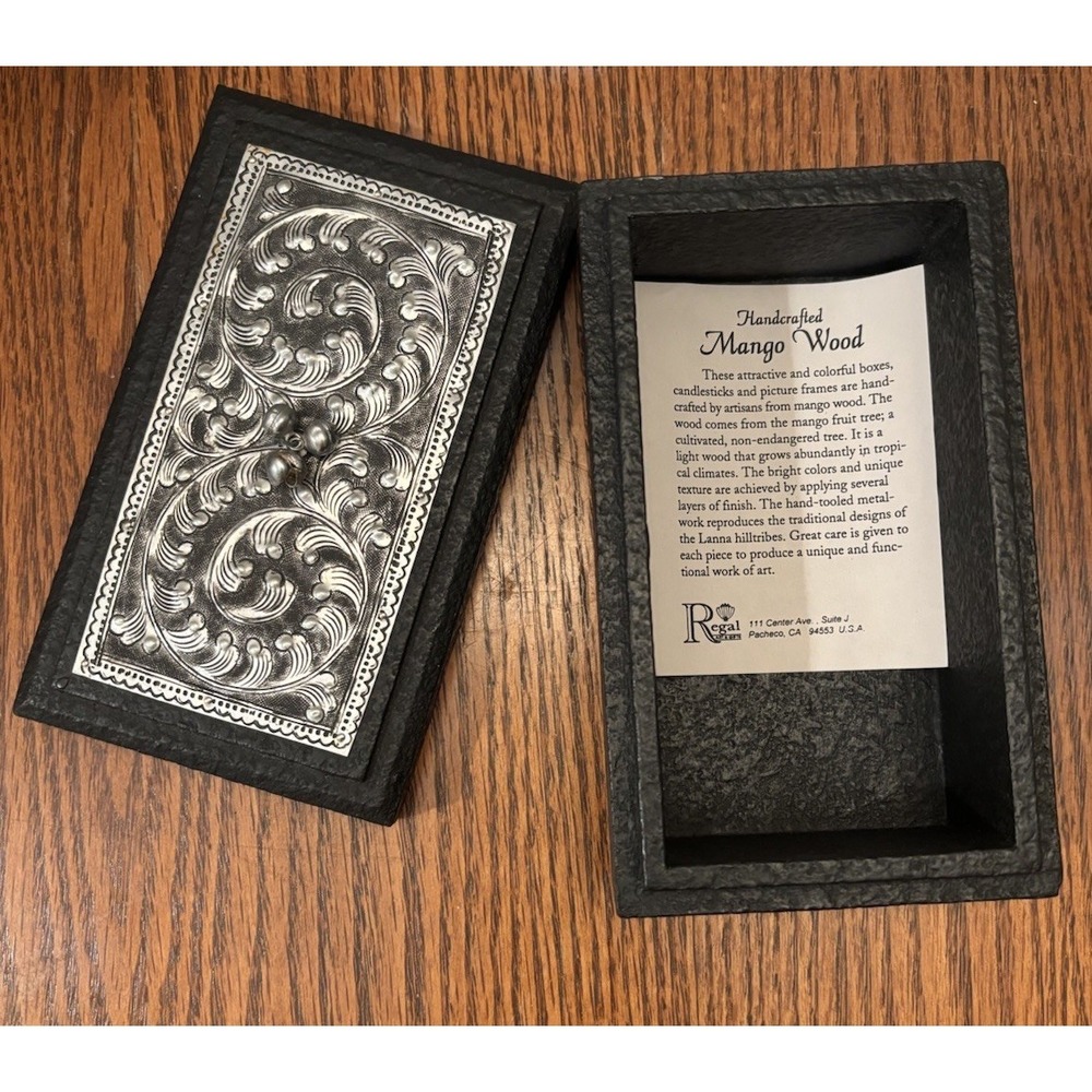 Regal Handcrafted Mango Wood Decorative Box Hand Tooled Metal Inlay 6"x3.5"x2.5